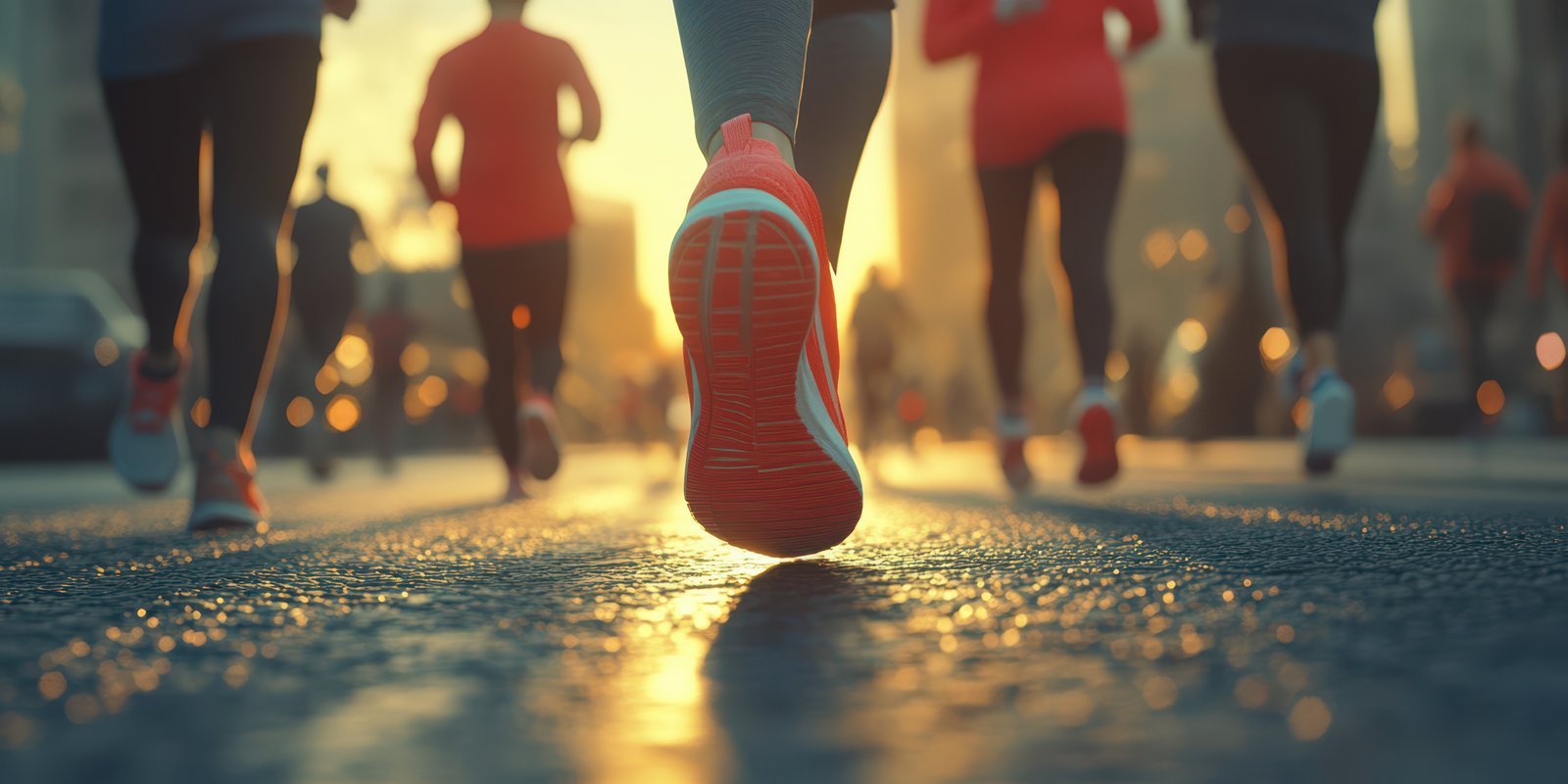 Runners take to the city streets during a vibrant sunrise marathon event
